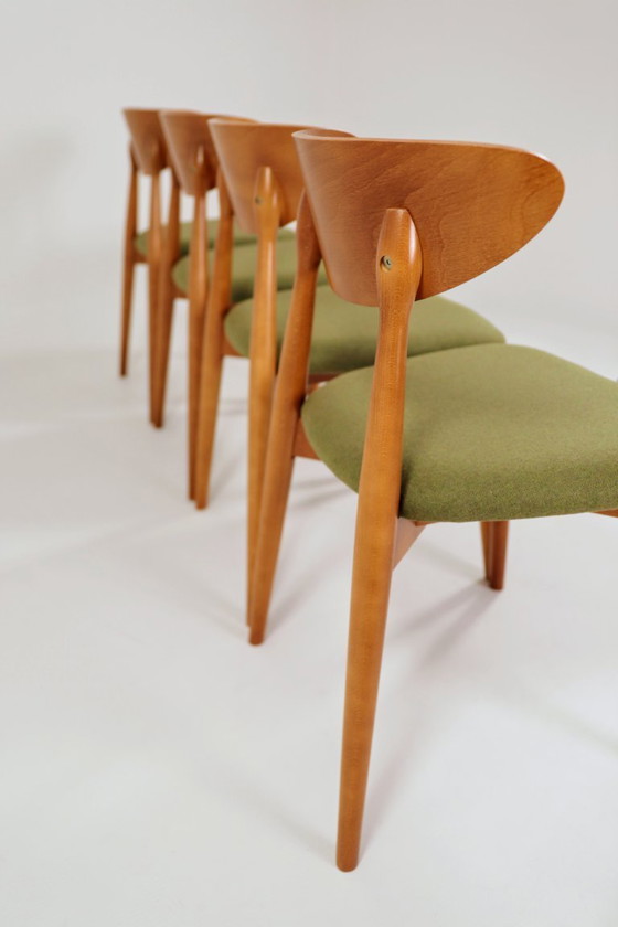 Image 1 of Eetkamerstoelen set van 4 natuurlijk hout, bekleding van groene wol