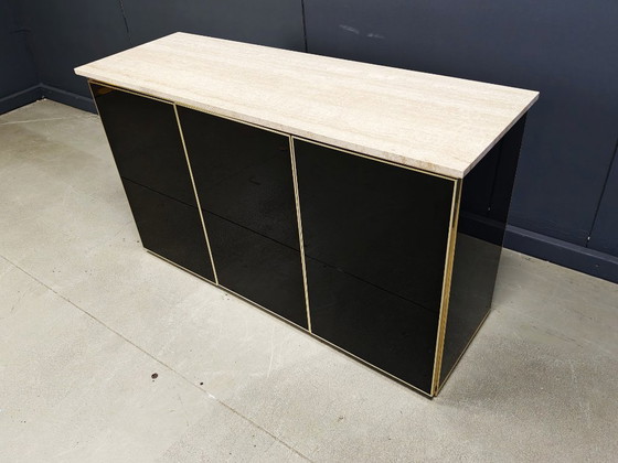 Image 1 of Credenza vintage in travertino e laccato nero, anni '80