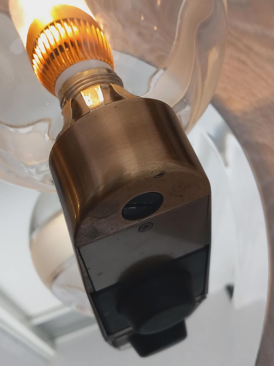 Image 1 of Mid Century Crystal-Cut Bathroom Mirror with 2 spherical glass lights on Solid Brass Fixture T+L Royal Germany