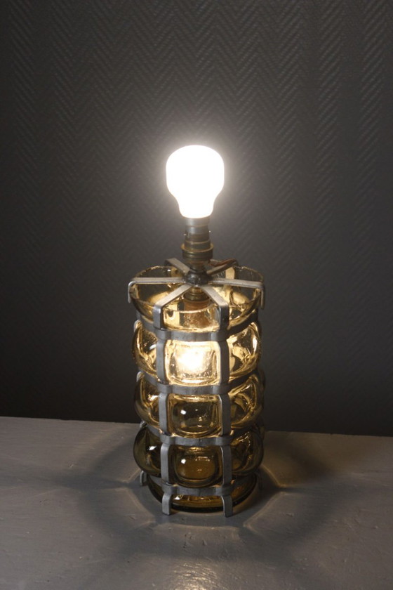 Vintage Brutalist Lamp Double Lighting Blown Glass in Cage 20th Century Design – Table lamps (photo 5 of 11)