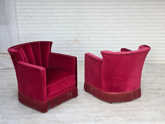 Años 60, Sillón Relax danés, Terciopelo de Mueble Rojo, Patas de Madera de Fresno. – Sillones, Velvet, Wood (photo 5 of 25)