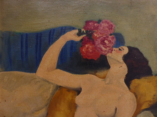 Peinture à l'huile originale représentant un nu féminin aux pivoines, signé G. Desvignes et daté 1944, École française, encadré