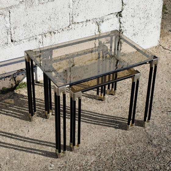 Tables gigognes en verre noir et or, Tables d'appoint, Métal, Vintage (photo 7 sur 15)