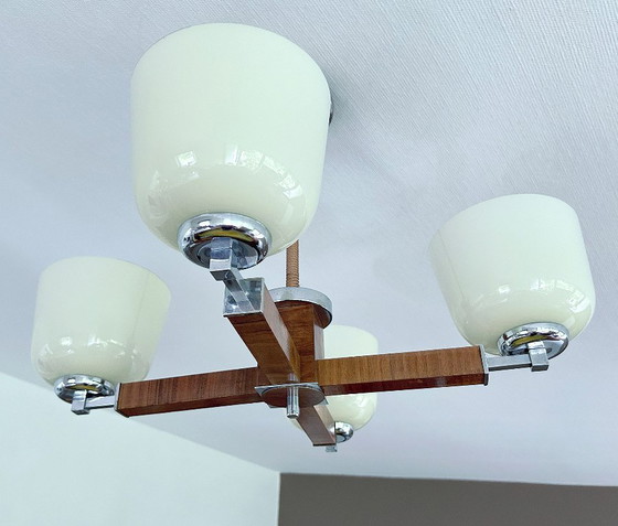 Image 1 of Lampe pendante Art Déco en bois et verre chromé