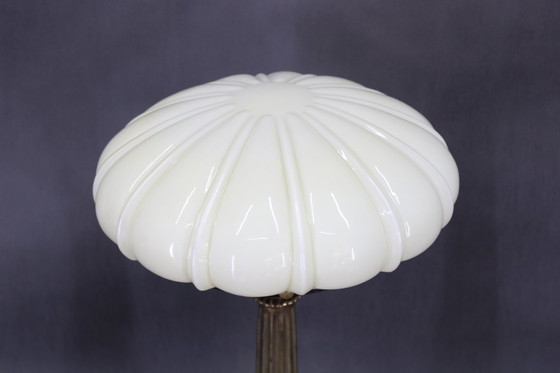 Image 1 of    	 1940s Restored Brass Table Lamp with Wooden Base and Glass Shade
