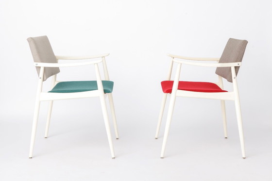 Image 1 of Pair of Vintage White Armchairs, Germany 1970s, Mid Century Dining Chairs with Colorful Upholstery, Beechwood Lounge Chairs