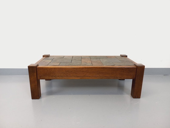 Image 1 of Table Basse Vintage Brutaliste en Chêne et Ardoise des Années 60-70
