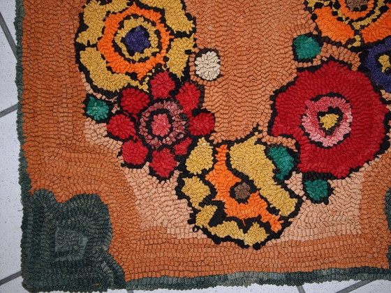 Image 1 of Vintage American Hooked Rug 2'x3' - 1930s Orange Floral