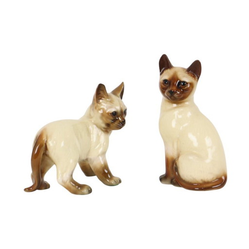 Koppel Beeldjes Siamese Kat Geglazuurd Keramiek Japan – beeldhouwkunst, Ceramic (photo 2 of 13)