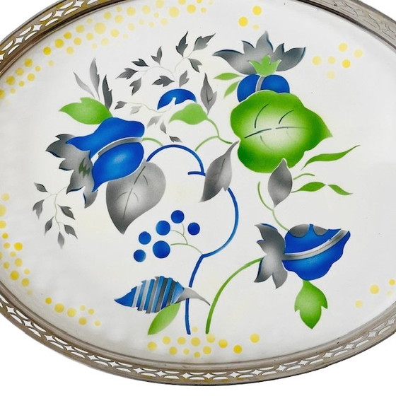 Image 1 of Plateau Artdeco porcelaine et métal fleurs graphiques