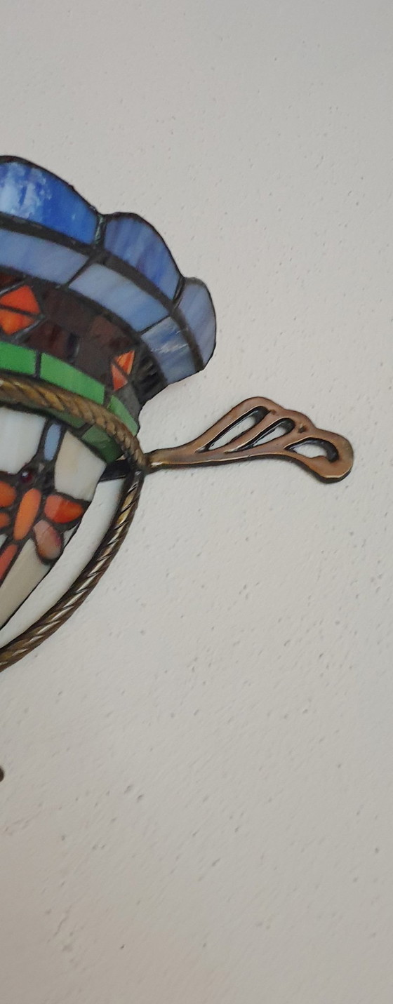Image 1 of Unieke oude tiffany / glas in lood wandlamp met Dragonfly's