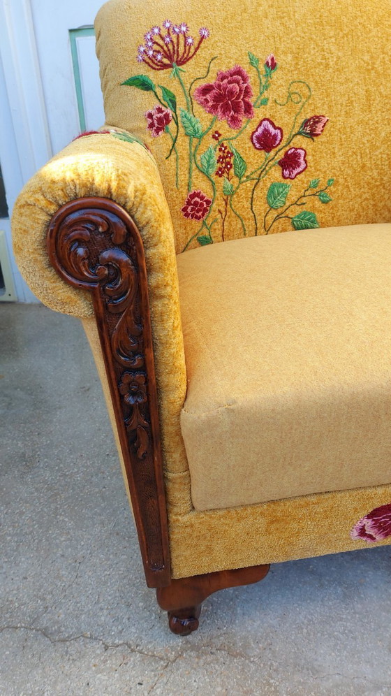 Image 1 of Fauteuil vintage de style Louis XV/rococo – Restauré, brodé à la main