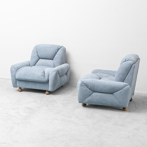 Pair of vintage Italian armchairs in light blue fabric – 1950s Design