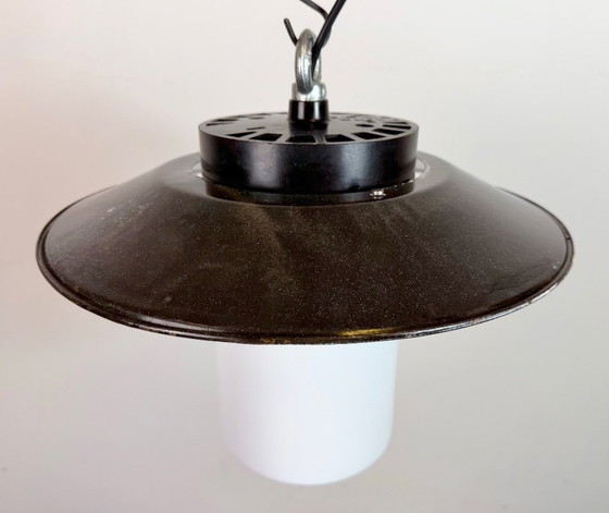 Image 1 of Industrial Grey Enamel Pendant Lamp with Milk Glass, 1960s