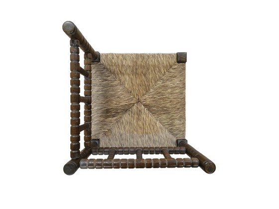 Image 1 of Chaise d'angle vintage en bois avec assise en jonc – Chaise d'appoint rustique de style ferme/cottage