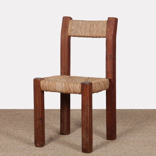 Stoel van massief hout met rieten zitting, Frans vakmanschap, 1950