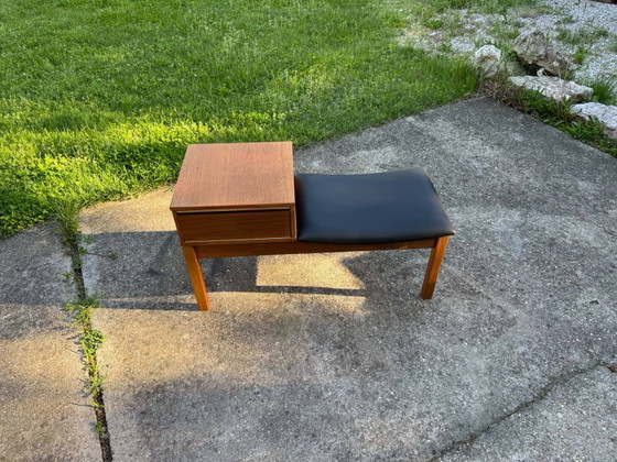 Vintage Teak Telephone Bench with Vinyl Seat, 1960s – Benches, Mid Century Modern (photo 3 of 10)