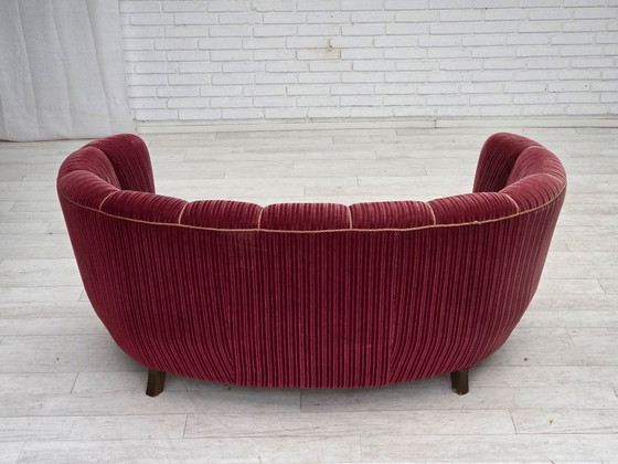 Image 1 of 1960s, Danish 2-seater "Banana" sofa, red furniture velour, oak wood.