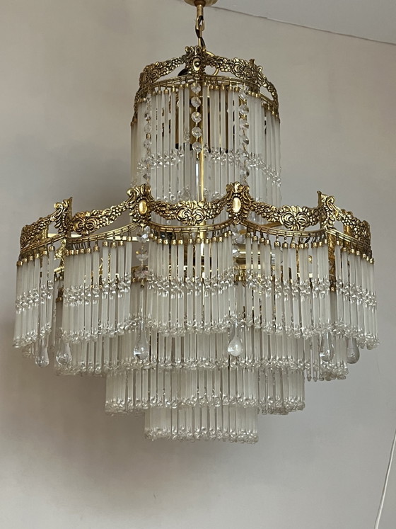 Vintage Belle Epoque Style Chandelier Rod Pendant Lamp – Crystal, Copper (photo 7 of 9)
