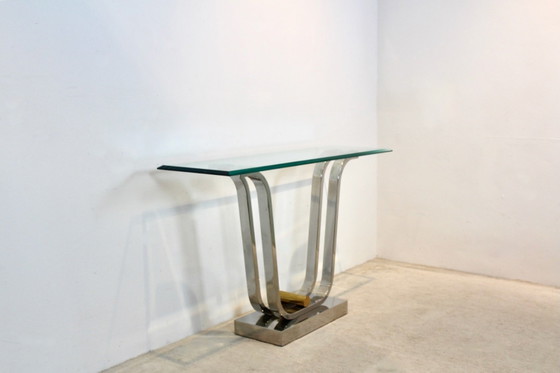 Console Minimaliste Courbée en Acier Inoxydable, Laiton et Verre, Doré (photo 5 sur 12)