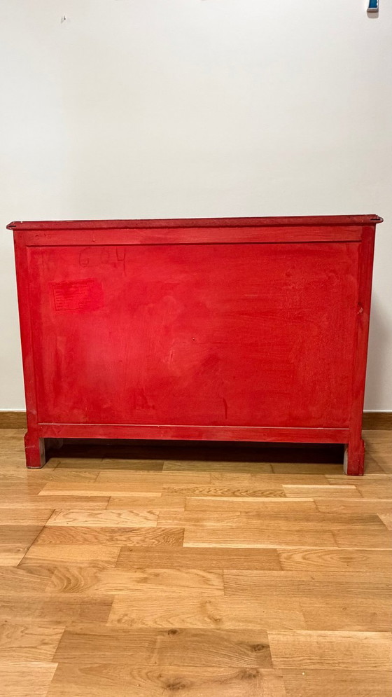 Meuble Console Mince Chinoiserie Vintage, Laqué à la Main (Années 1970), Buffet bas, Bois, Métal, Rouge (photo 14 sur 15)