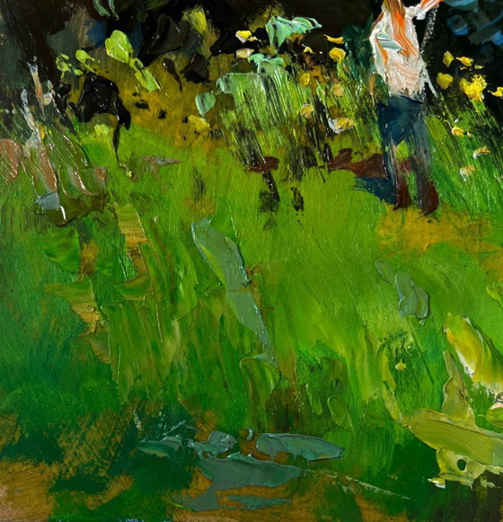 Image 1 of Original Oil Painting Summer Nature Landscape The village beyond the forest