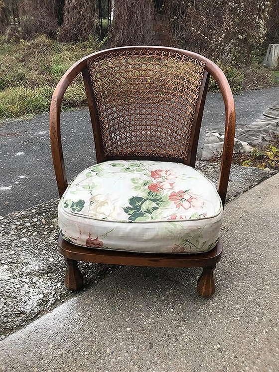Vintage Floral Fabric and Wood Armchair, 1950s, Brown, Mid Century Modern (photo 9 of 9)