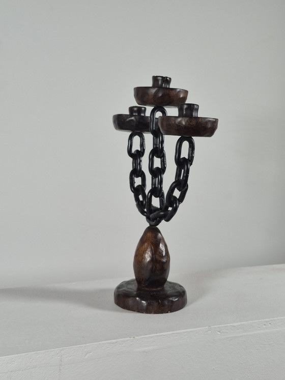 Candeliere vintage in stile brutalista spagnolo a tre fiamme con decorazione a catena. – Portacandele, Metal (photo 11 of 13)