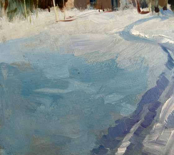 Image 1 of Origineel olieverfschilderij: Winterdorplandschap, comfort tijdens een winternacht.