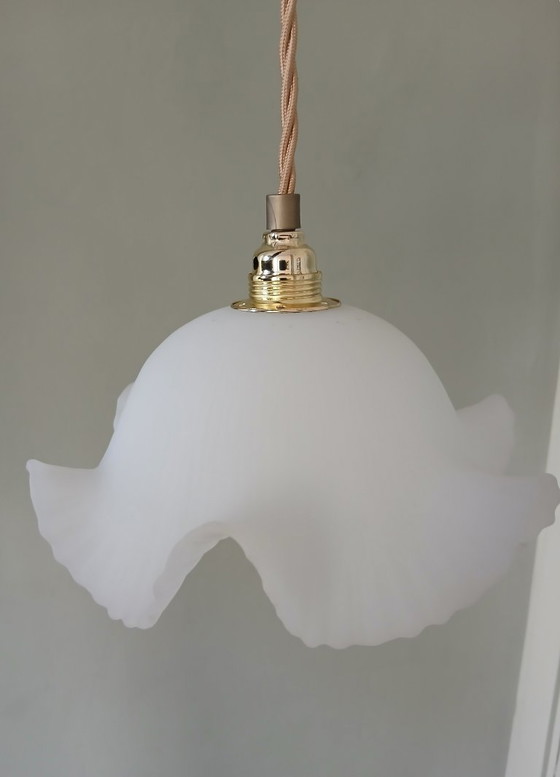 Image 1 of Vintage frosted glass pendant lamp. Floral, wavy shape.