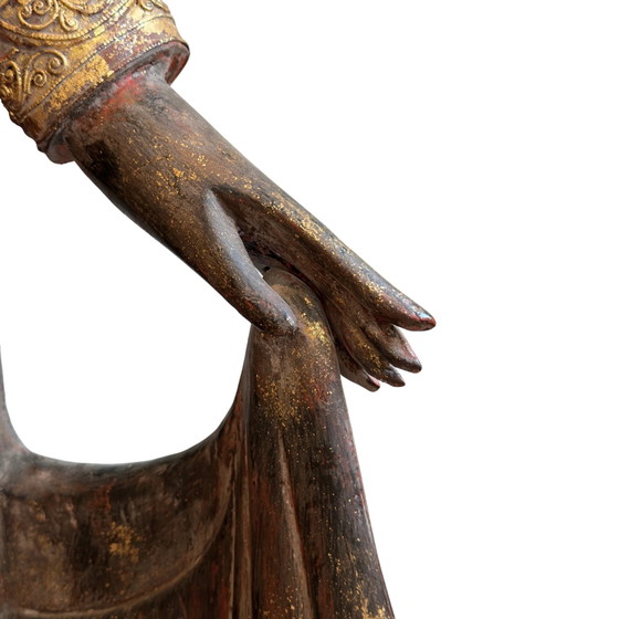 Antique Burmese Standing Buddha – Monumental Temple Statue in Teak Wood (166 cm) – Sculpture (photo 8 of 11)