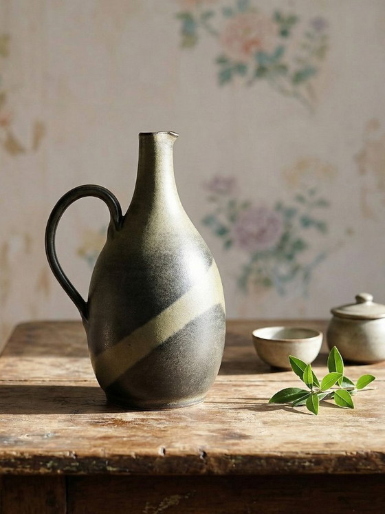Image 1 of Vintage 1960s-1970s glazed stoneware pear-shaped pitcher/jug