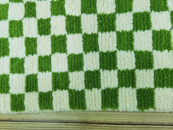 Image 1 of Handwoven Moroccan wool rug, 300/70cm, olive green checkerboard pattern