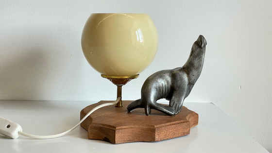 Image 1 of Art Deco Sea Lion Lamp Metal and Blown Glass France