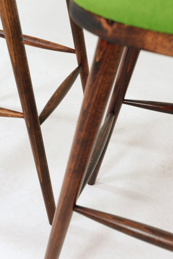 Image 1 of Beech Wood Bar Stools – Green Recycled Wool Upholstery, Rustic Mid-Century Style