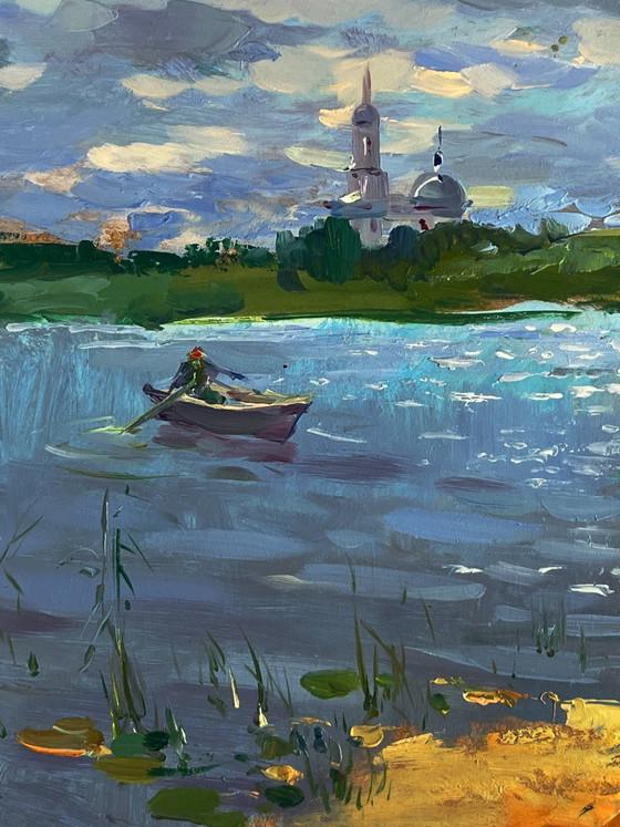 Image 1 of Origineel olieverfschilderij: Natuurlandschap, Kerk, Boot, Zomer, Vissen op de rivier