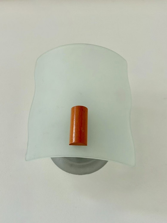 Pair of vintage wall lights in sandblasted glass and wood, France, 1970. (photo 3 of 6)