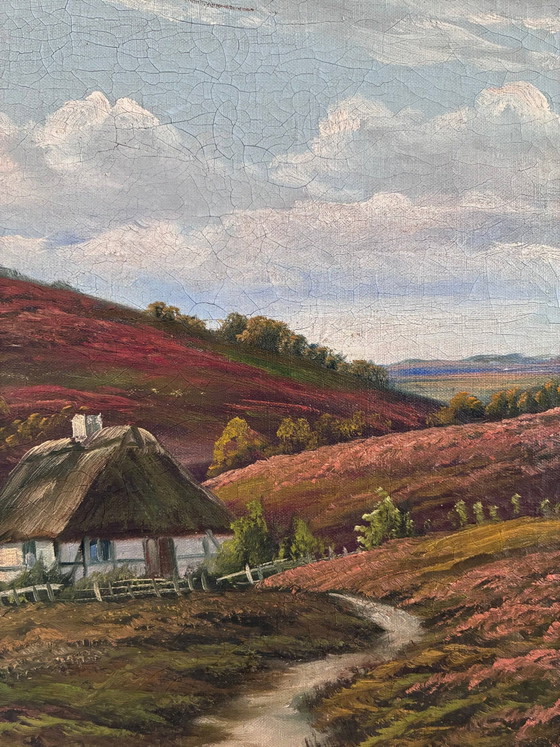 Image 1 of Peinture à l'huile originale ancienne représentant un paysage de campagne, signée.