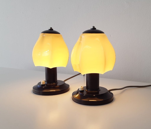 Set of 2 stunning glass bedside lamps with bakelite base, art deco night lights.