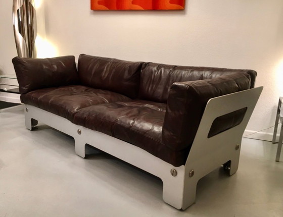 Image 1 of Braunes Leder und eloxiertes Sofa von Sigurd Ressel für Vatne Mobler, Norwegen 1968