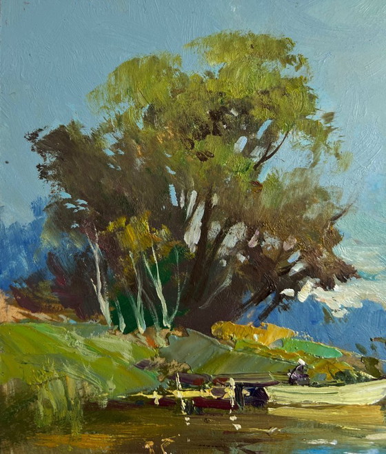 Image 1 of Original Oil Painting Summer River Landscape Boat ride on the river