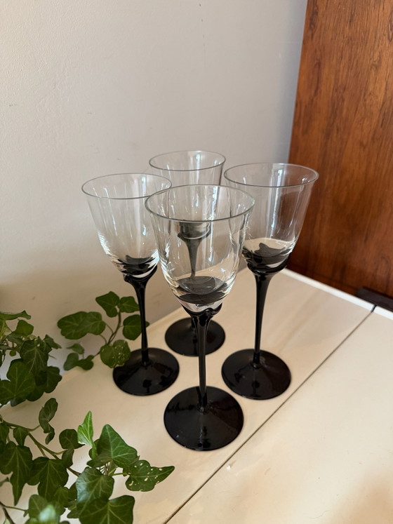 Set of 4 Vintage Wine Glasses Black Stem, Glass & Decanter (photo 3 of 6)