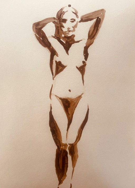 Monochrome Painting Brown Earth Wabi Sabi Portrait of a Woman “Play of Shadows” – schilderijen tekeningen, Paper