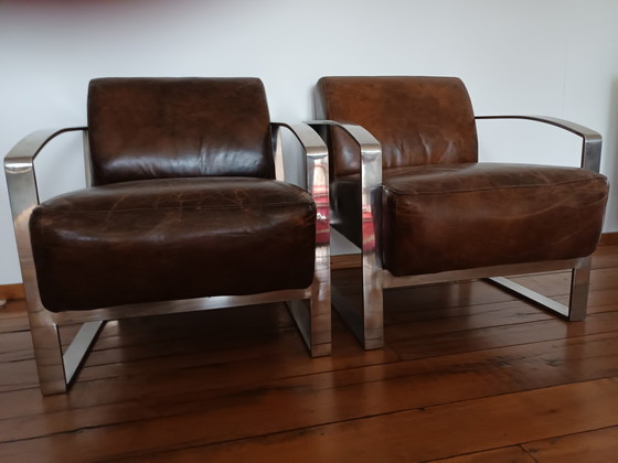 Image 1 of 2x Vintage Fauteuils leer en chroom