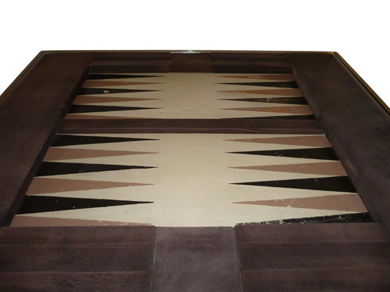 Willy Rizzo Backgammon Spieltisch, Beistelltische, Metall, Leder, Silber, Art Deco (Foto 8 von 12)