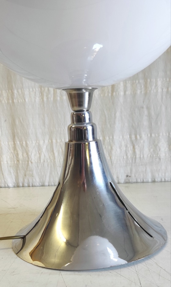 Image 1 of Designer table lamp in chromed metal and white globe - mid-20th century