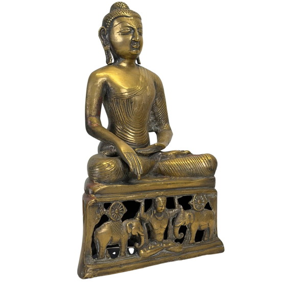 Antiek bronzen Boeddhabeeld met opengewerkte olifantenbasis 34cm – Beeldhouwkunst (photo 2 of 11)