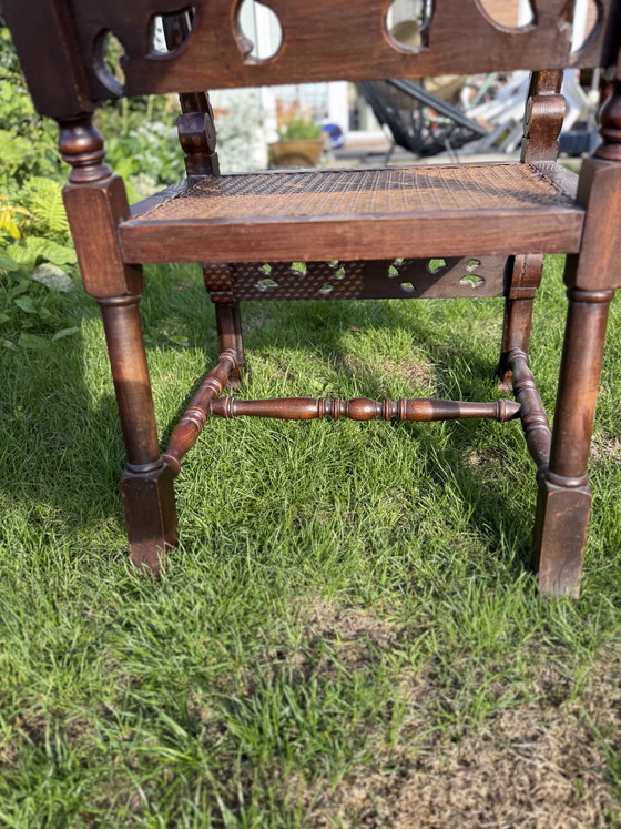 Antique English Carolean Armchair C.1900 – Carved Oak – Cherubs – Cane – Rattan, Wood (photo 7 of 9)