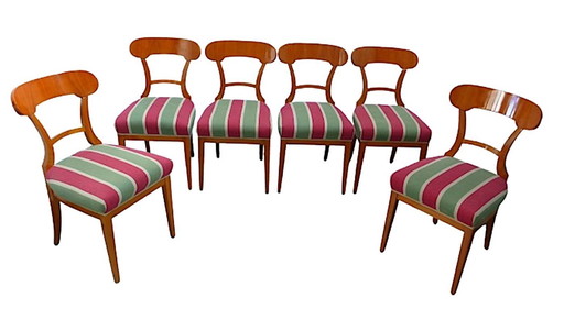 6 Biedermeier kersenhouten eetkamerstoelen met aantrekkelijke bekleding uit 80s