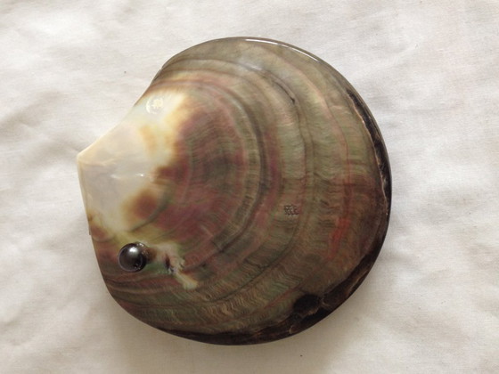 Image 1 of Doosje van parelmoer, gegraveerd met een tropisch tafereel.